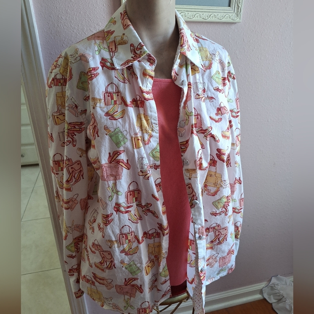 Draper's & Damon's Petite Polka Dot Blouse in White with Coral Accents